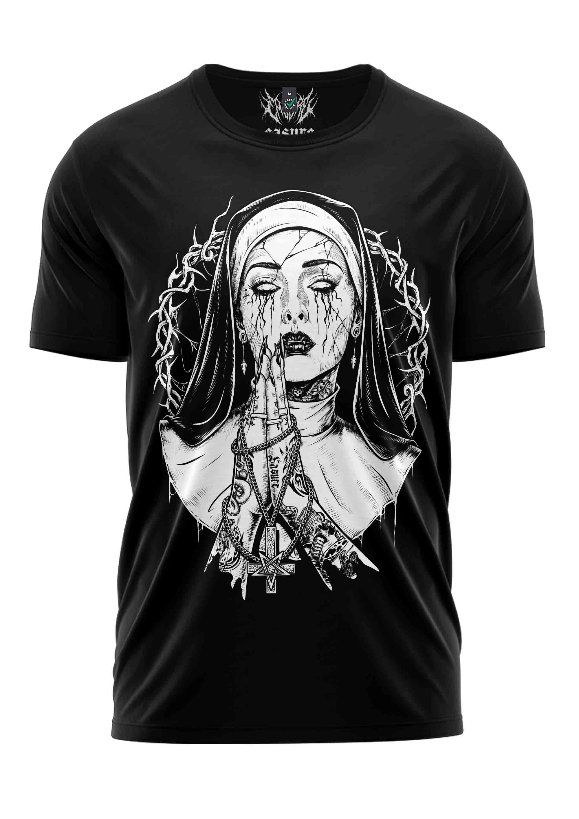 Gothic Metal T-Shirt mit Dämon-Nonne, Dornen und okkulten Symbolen